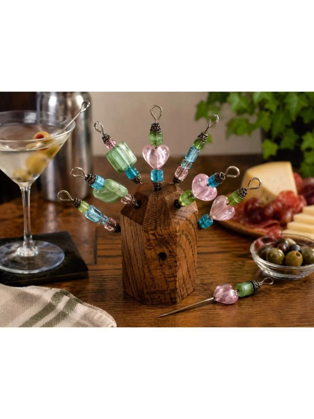 Signed R.S. Hughes Artisan Glass Beaded Cocktail Picks with Wood Stand Set of 8